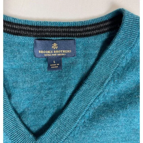 Brooks Brothers Men L Teal Blue Extra Fine Merino Wool V-Neck Sweater - Picture 3 of 8